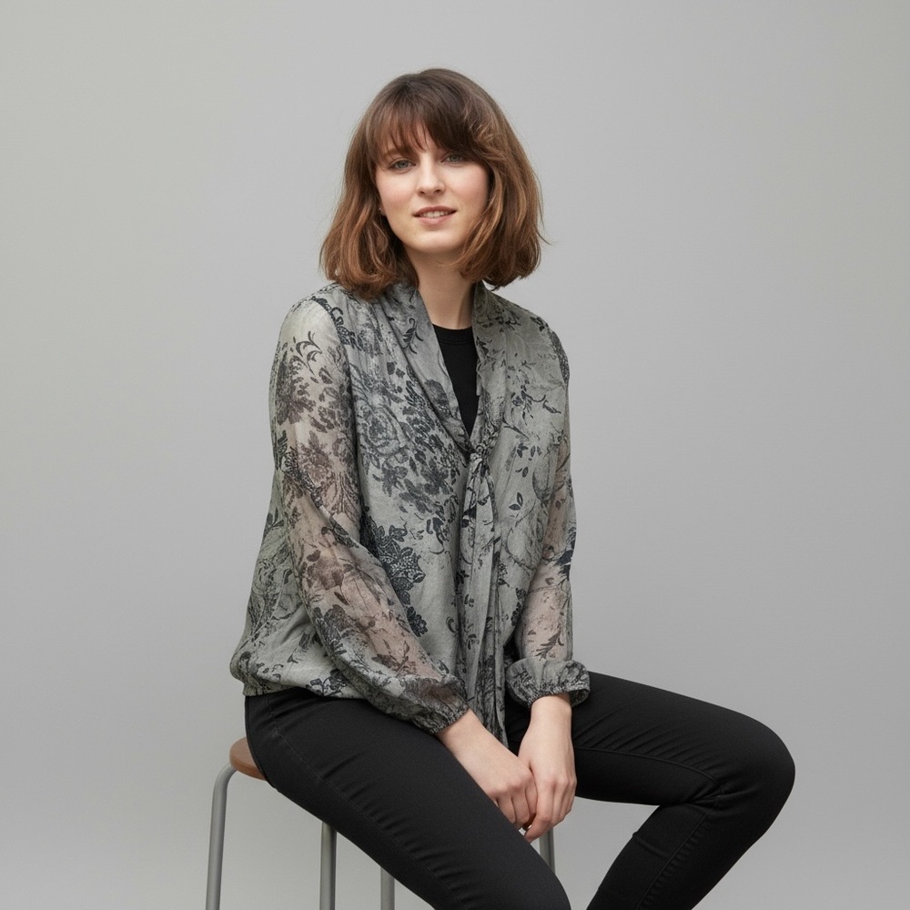 Bella Made in Italy Silky Gray Floral Career Blouse Size M
